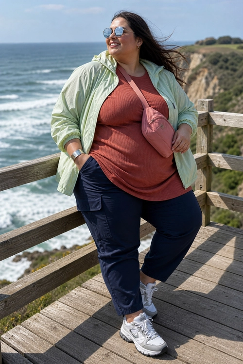 A woman wears a light mint windbreaker, rust ribbed top, navy utility pants, pink crossbody bag, sunglasses, and white sneakers on a coastal boardwalk.