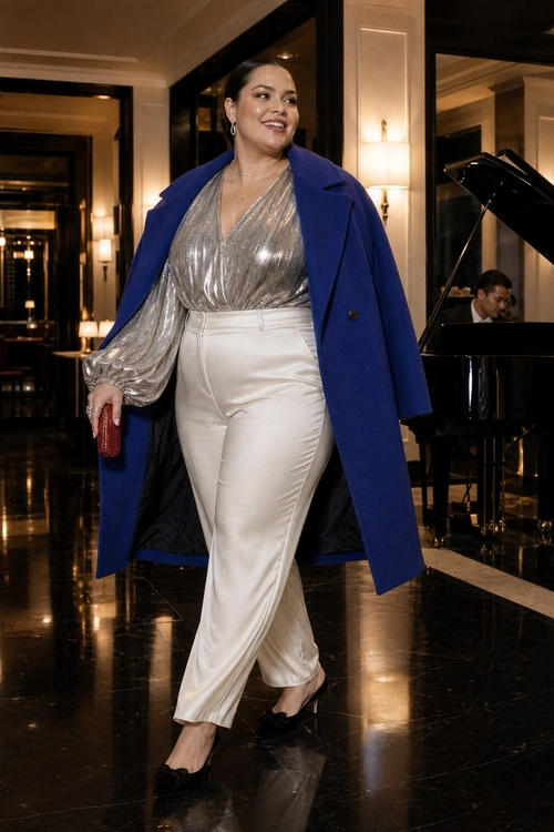 A woman wears a cobalt blue coat over a metallic silver blouse with ivory trousers, black heels, hoop earrings, and a red clutch.