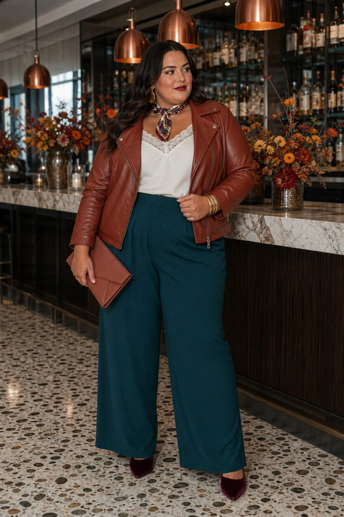 A woman wears a cognac leather jacket with an ivory lace-trim camisole, teal wide-leg trousers, a patterned neck scarf, burgundy heels, and a matching clutch.
