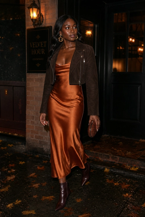Copper Satin Evening Look A woman wears a copper satin slip dress with a cropped dark brown jacket, pointed ankle boots, hoop earrings, and a small clutch.