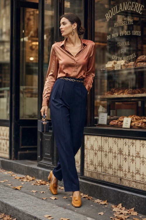 Copper Satin Blouse and Navy Trousers A woman wears a copper satin button-up blouse with navy wide-leg trousers, tan loafers, a chain belt, gold earrings, and a small black handbag.
