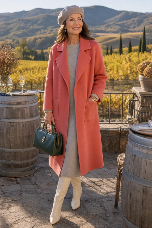 Coral Coat with Gray Dress A woman wears a coral long coat over a gray midi dress with a gray beret, white boots, and a dark green handbag.