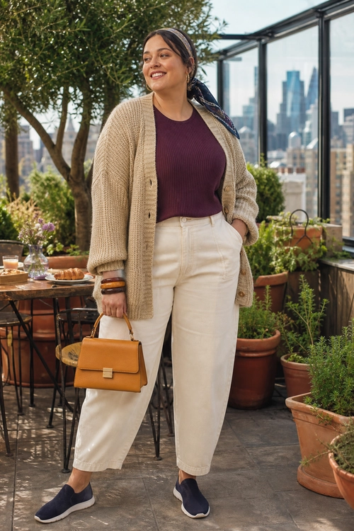 Woman wearing a beige knit cardigan, burgundy top, cream wide-leg pants, navy slip-on sneakers, and a tan handbag.