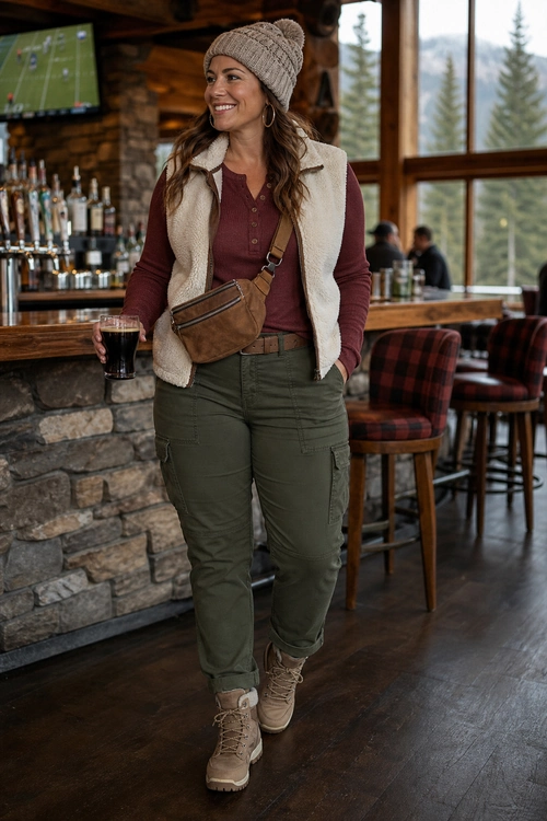 A woman wears olive cargo pants with a burgundy henley top, cream fleece vest, knit beanie, crossbody bag, and tan lace-up boots.