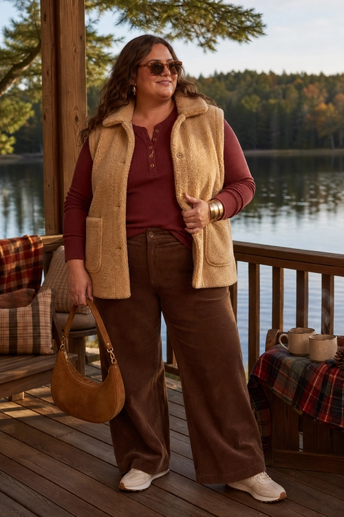 A woman wears a tan fleece vest over a burgundy long-sleeve top with brown wide-leg pants, white sneakers, sunglasses, gold jewelry, and a brown shoulder bag.