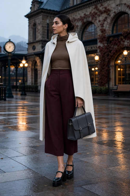 Cream Cape Coat and Burgundy Trousers A woman wears a cream hooded cape coat over a brown turtleneck and burgundy cropped trousers with black platform Mary Jane shoes and a structured handbag.