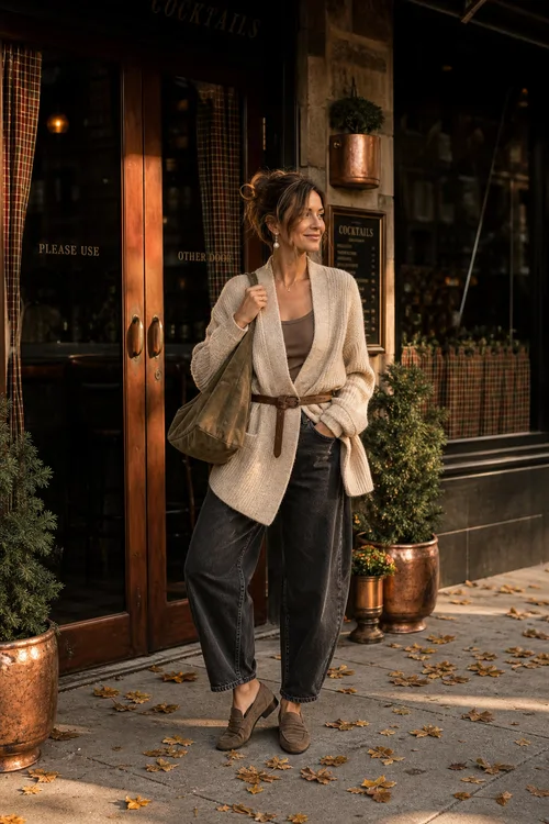 Cream Cardigan and Dark Denim A woman wears a cream belted cardigan with dark loose jeans, a taupe top, brown loafers, and a slouchy shoulder bag.