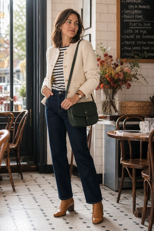 A woman wears a cream button-front cardigan over a navy and white striped top with dark jeans, tan ankle boots, and a dark green crossbody bag.