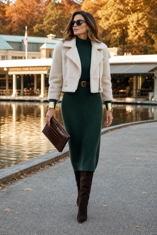 Cream Jacket with Green Midi Dress A woman wears a cream cropped jacket over a dark green ribbed midi dress with brown boots, sunglasses, a belt, and a textured clutch.