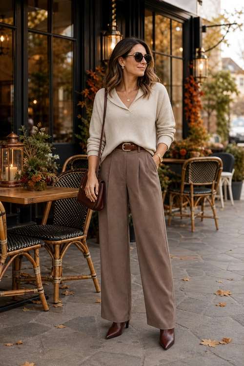 Cream Knit and Taupe Trousers A woman wears a cream collared knit sweater with taupe wide-leg trousers, a brown belt, brown shoulder bag, sunglasses, and pointed brown boots.