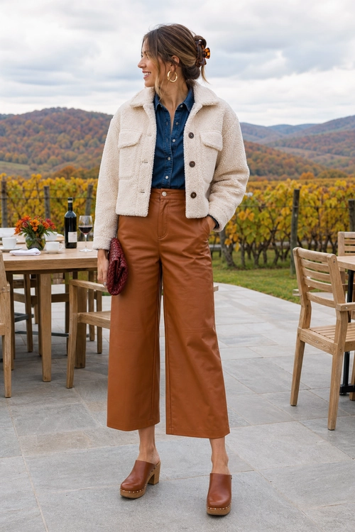 A woman wears a cream sherpa jacket over a dark denim shirt with cognac cropped wide-leg pants, brown heeled clogs, hoop earrings, and a burgundy clutch.