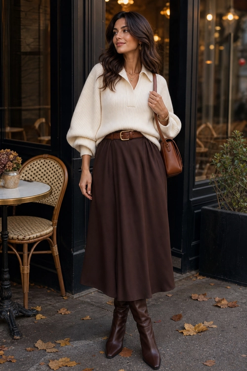 Cream Sweater and Brown Midi Skirt A woman wears a cream ribbed polo sweater with a brown midi skirt, belt, shoulder bag, and knee-high boots.