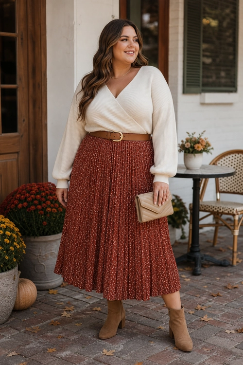 A woman wears a cream wrap sweater with a tan belt, a rust pleated midi skirt, tan ankle boots, and a beige clutch.