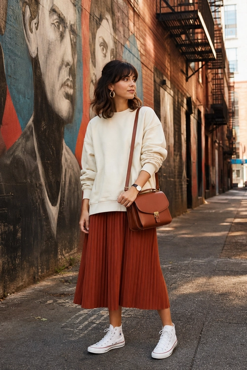 A woman wears a cream sweatshirt with a rust pleated midi skirt, white high-top sneakers, and a brown crossbody bag.