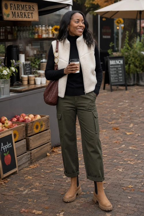 Woman wearing a cream fleece vest, black turtleneck, olive cargo pants, tan ankle boots, and a brown shoulder bag at a farmers market.