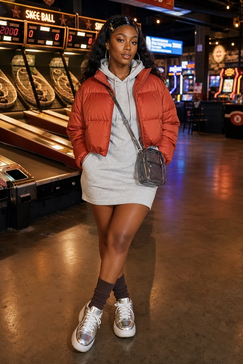 Cropped Puffer Hoodie Outfit A woman wears a rust cropped puffer jacket over a light gray hooded mini dress with a crossbody bag, crew socks, and metallic sneakers in an arcade.