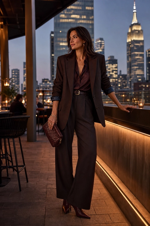 Dark Brown Evening Suit A woman wears a dark brown blazer with wide-leg trousers, a silky burgundy blouse, pointed heels, and a woven clutch on an evening terrace.