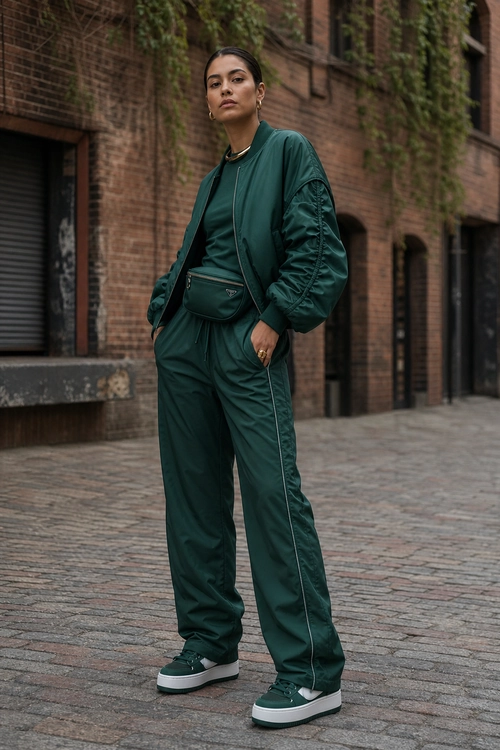 Dark Green Bomber Tracksuit Outfit A person wears a dark green bomber jacket with matching track pants, a waist bag, and green sneakers with white soles.