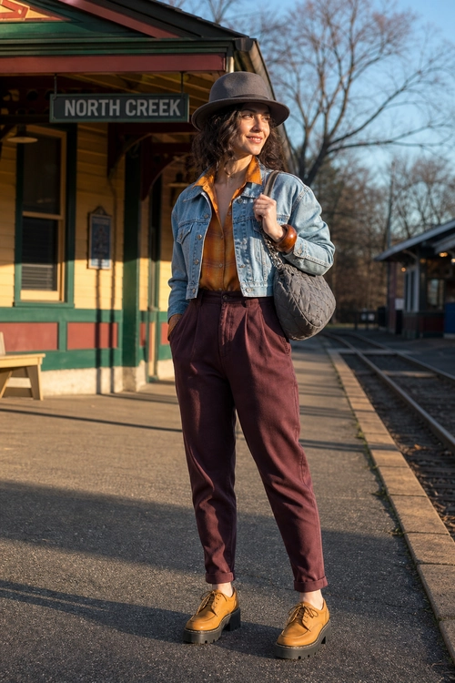 Denim Jacket and Burgundy Trousers Outfit A woman wears a cropped denim jacket over a warm-toned top with burgundy trousers, tan platform boots, a dark fedora, and a gray shoulder bag.