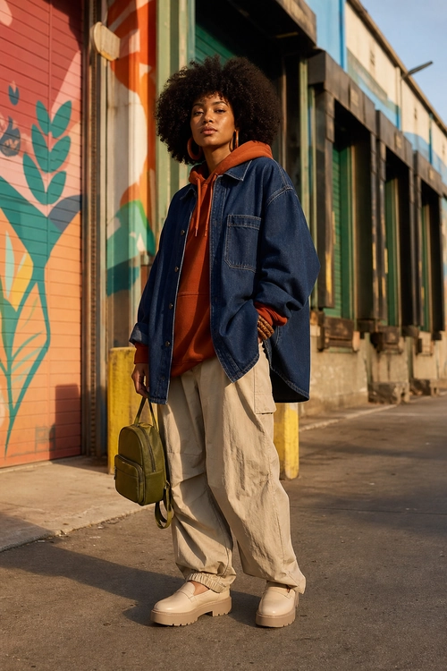 Denim Jacket and Cargo Pants Outfit Streetwear outfit featuring a dark denim jacket over an orange hoodie, beige cargo pants, chunky beige sneakers, and an olive green backpack.
