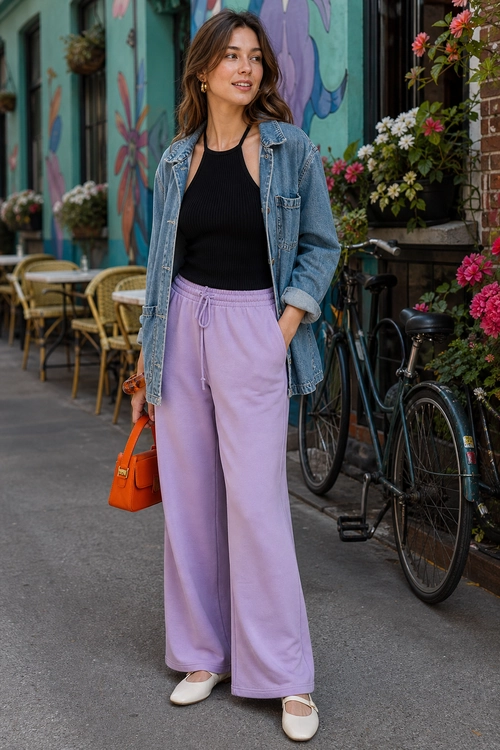 Denim Jacket with Lilac Wide-Leg Trousers A casual outfit featuring a light denim jacket, black sleeveless top, lilac wide-leg trousers, white strapped flats, and an orange handbag.