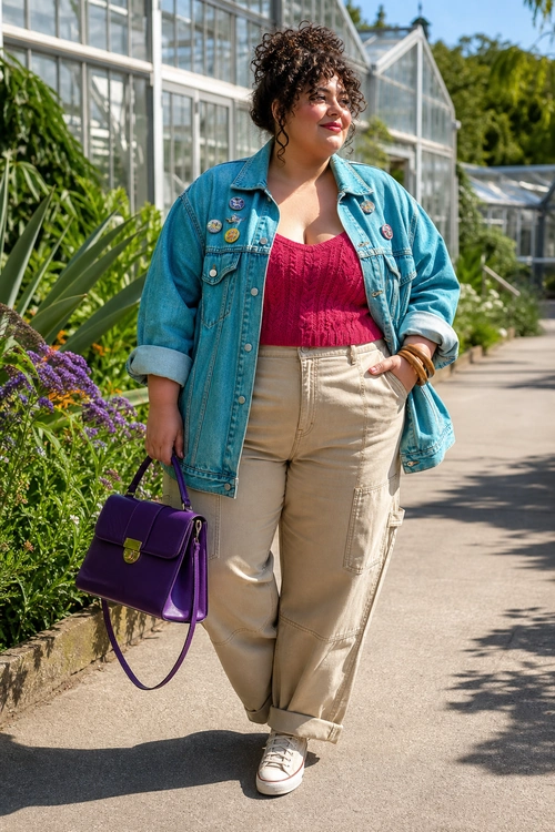 A woman wears a decorated denim jacket over a magenta knit top with beige cargo pants, white sneakers, and a purple handbag.