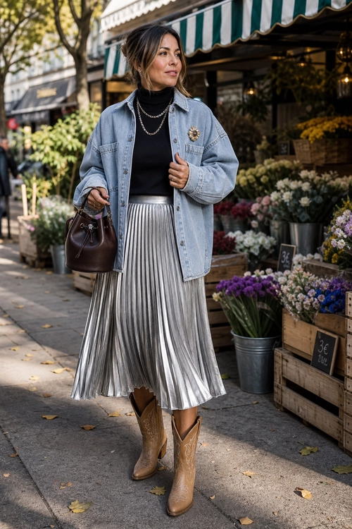 Denim Jacket with Pleated Skirt Woman wearing a light blue denim jacket over a black turtleneck with a metallic silver pleated skirt, brown western boots, layered necklaces, and a dark brown handbag.