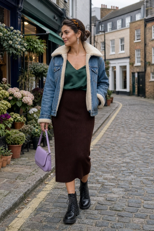 A woman wears a shearling-collar denim jacket over a green top and dark brown ribbed midi skirt with black lace-up boots and a lavender handbag.