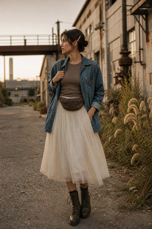 Denim Jacket with Tulle Skirt A woman wears a blue denim jacket over a taupe top with a cream tulle skirt, woven waist bag, and dark lace-up boots.