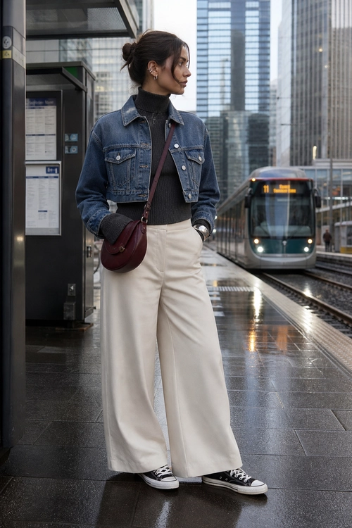 A casual outfit featuring a blue denim jacket, charcoal turtleneck, cream wide-leg trousers, black-and-white sneakers, and a burgundy crossbody bag.