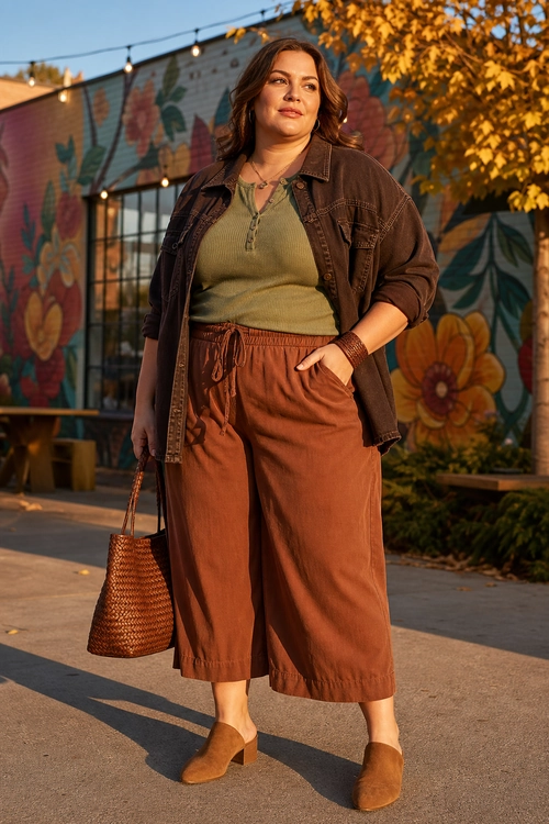 Relaxed Earth-Tone Casual Outfit A woman wears a brown jacket over an olive ribbed top with rust cropped wide-leg pants, brown heeled mules, and a woven handbag.
