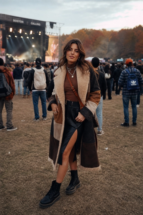 A woman wears a long color-block shearling-trimmed coat, brown top, black slit skirt, and black combat boots at an outdoor concert.