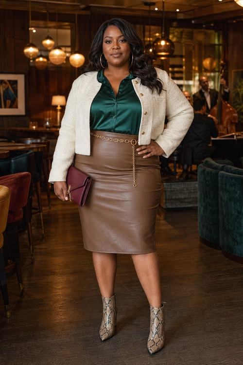 A polished outfit with an emerald satin blouse, cream cropped jacket, tan leather pencil skirt, burgundy clutch, gold chain belt, hoop earrings, and snakeskin ankle boots.