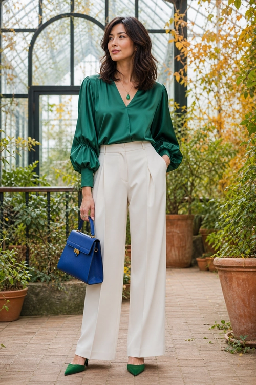 Emerald Blouse with Wide-Leg Trousers A woman wears an emerald green blouse with voluminous sleeves, ivory wide-leg trousers, green pointed-toe shoes, and carries a structured blue handbag.