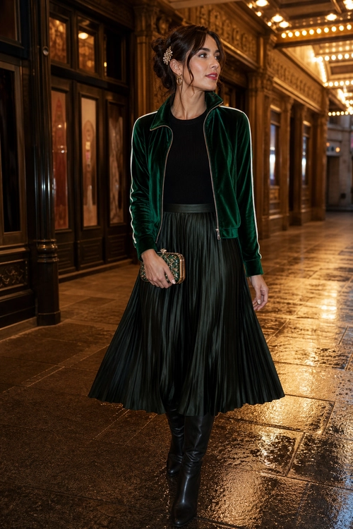 Emerald Velvet Jacket and Pleated Skirt Woman wearing a dark green velvet jacket, black top, pleated black skirt, knee-high boots, and carrying a gold clutch.