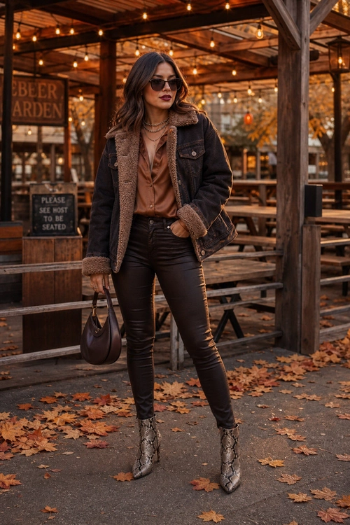 A woman wears a dark shearling-trim jacket with a brown blouse, black fitted pants, snakeskin ankle boots, sunglasses, layered necklaces, and a small handbag.
