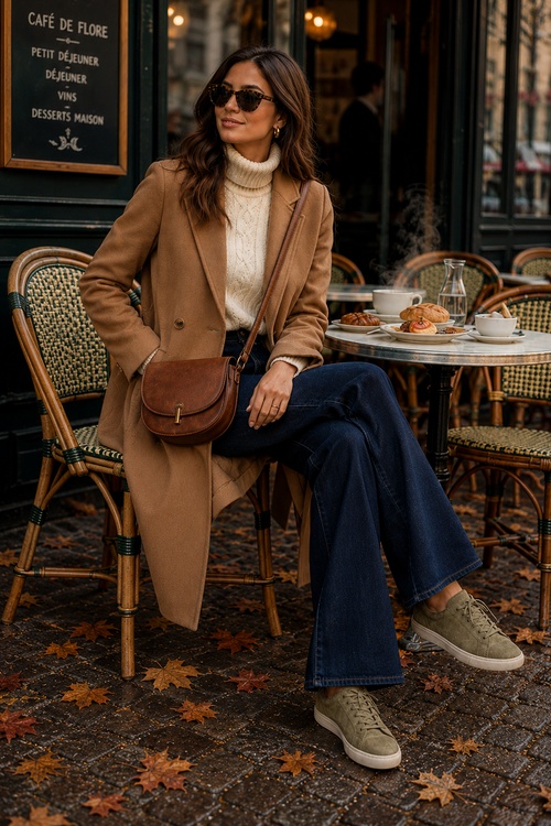 **Alt text:** > Woman in a camel coat, cream turtleneck sweater, wide-leg jeans, and sneakers sitting at an outdoor café in fall.