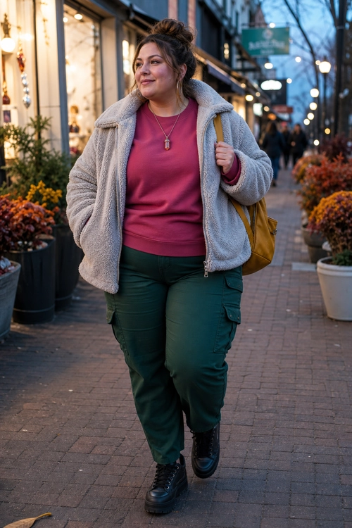 Cozy Fleece Jacket and Cargo Pants Outfit Casual outfit featuring a light gray fleece jacket, burgundy top, dark green cargo pants, black boots, and a mustard shoulder bag.