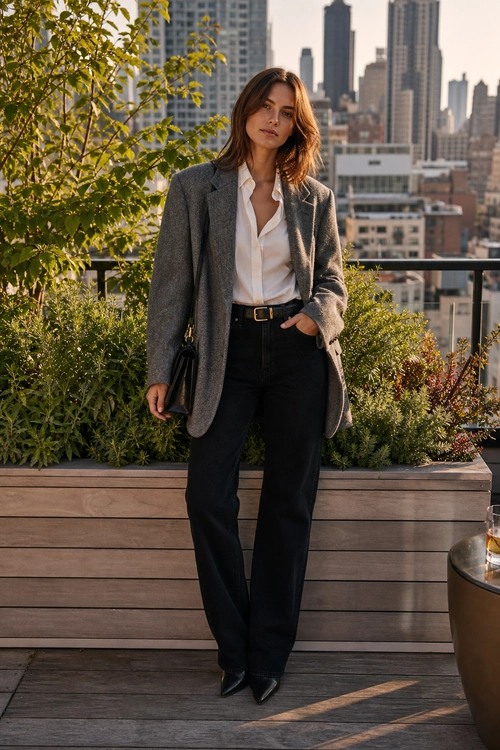 Gray Blazer and Black Trousers A woman wears a gray blazer over a white blouse with black wide-leg trousers, a black belt, black pointed shoes, and a black bag.
