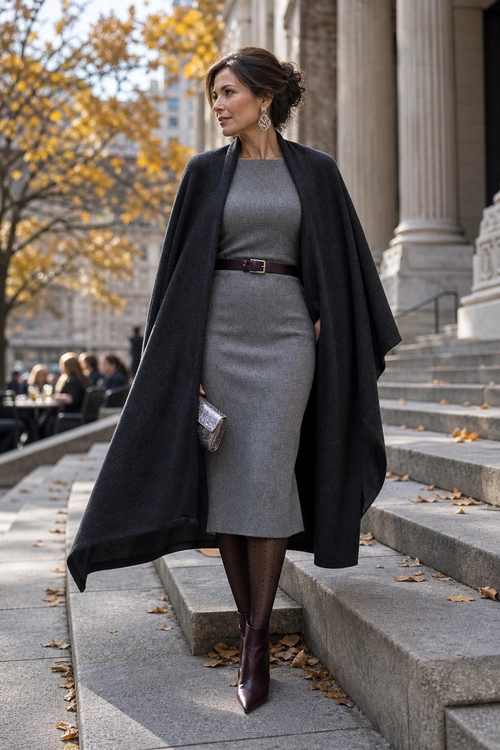 Elegant Gray Cape Outfit Woman wearing a gray midi dress with a dark cape coat, burgundy belt, burgundy ankle boots, statement earrings, and a metallic clutch.