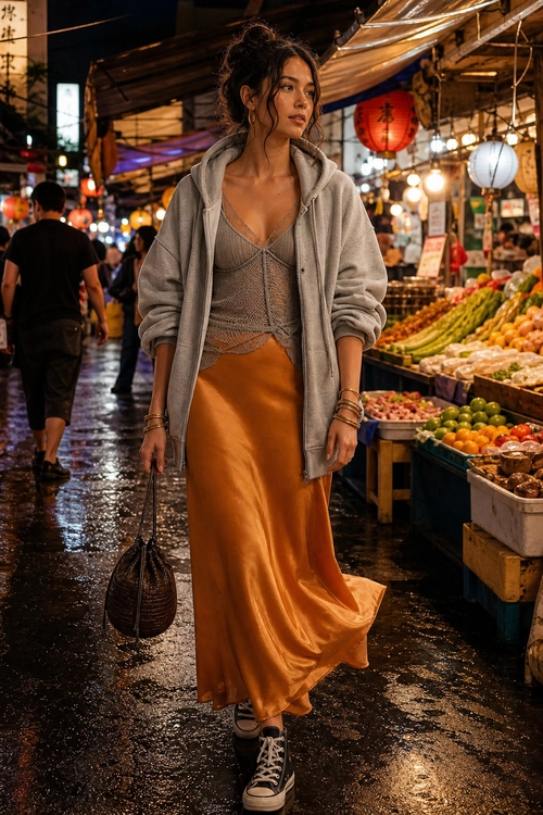 Gray Hoodie and Satin Skirt Outfit A woman wears an open gray hoodie over a textured gray cropped top with a burnt orange satin skirt, black high-top sneakers, and a woven handbag.