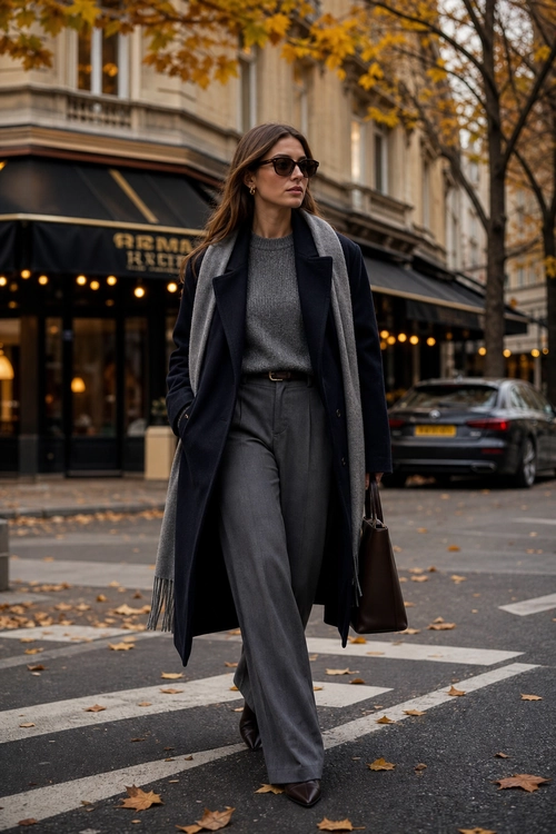 Elegant Gray and Navy City Look A woman wears a long navy coat, gray knit sweater, wide-leg trousers, scarf, sunglasses, and carries a brown handbag while crossing a city street.