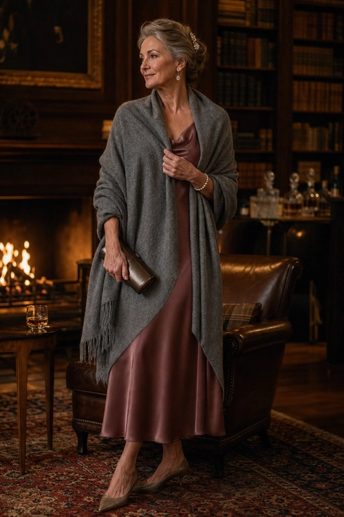 Gray Shawl and Rose Satin Dress A woman wears a dusty rose satin midi dress with a gray fringed shawl, taupe pointed flats, a small clutch, pearl bracelet, and drop earrings.