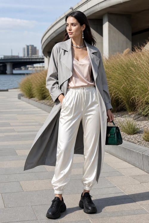 Gray Trench Coat with Satin Joggers A woman wears a long gray trench coat over a blush satin top and ivory satin jogger trousers with black chunky shoes and a green handbag.