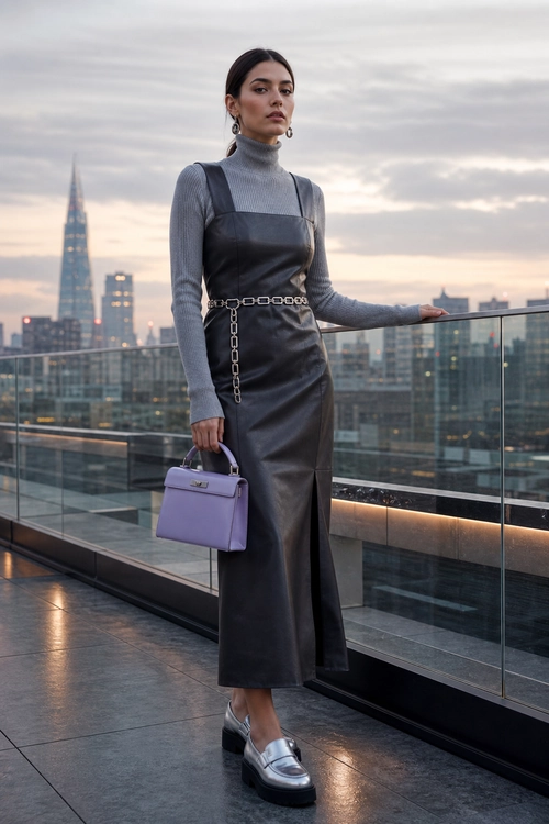 Gray Turtleneck and Black Midi Dress A woman wears a gray ribbed turtleneck under a black sleeveless midi dress with a chain belt, lavender handbag, and loafers.