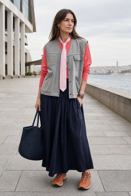 Gray Utility Vest and Navy Maxi Skirt Outfit A woman wears a gray utility vest over a coral top with a pink tie, navy maxi skirt, orange sneakers, and a navy woven tote.