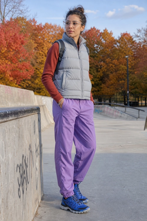 Gray Vest and Purple Jogger Outfit A person wears a gray quilted vest over a rust red sweater with purple jogger pants and blue trail sneakers outdoors in autumn.