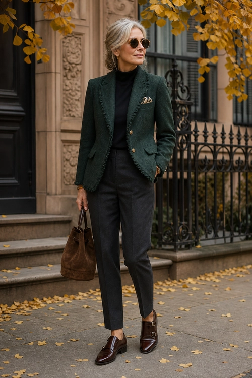Green Blazer Autumn Outfit A woman wears a dark green blazer with a black turtleneck, charcoal trousers, brown loafers, sunglasses, and a brown tote on an autumn sidewalk.