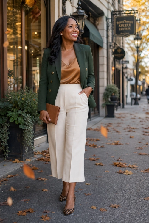 Woman wearing a dark green blazer, camel camisole, cream cropped trousers, leopard print heels, and a brown clutch.
