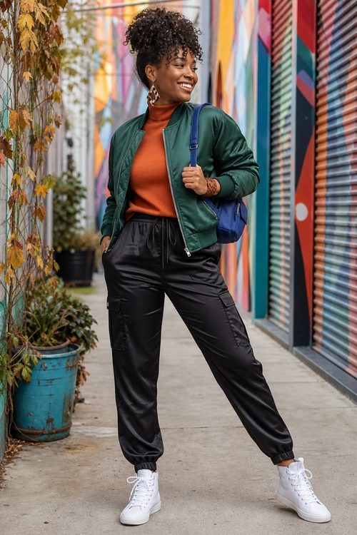 A casual streetwear outfit featuring a green bomber jacket, rust turtleneck, black jogger pants, white high-top sneakers, and a blue shoulder bag.
